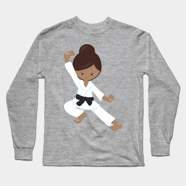 African American Girl, Black Belt, Karate Girl Long Sleeve T-Shirt by Jelena Dunčević